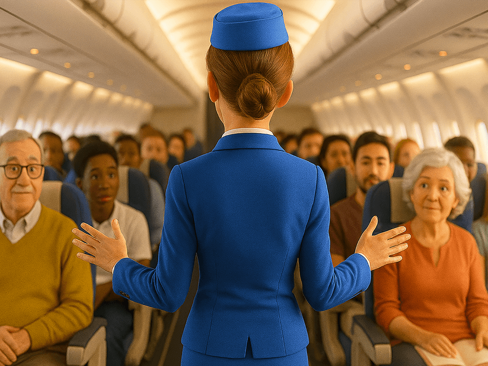 Kate the flight attendant working